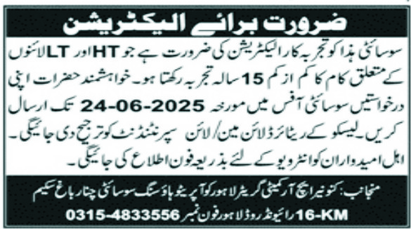 Electrician Job in HRC Committee Lahore